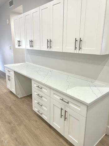 Kitchen area with white cabinets